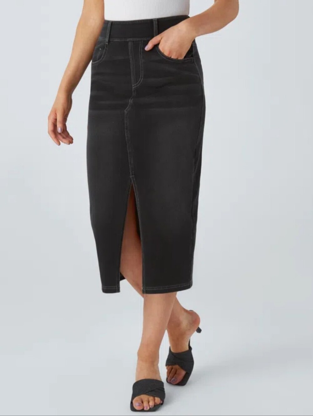 HALARA High-Waisted Denim Midi Skirt with Front Slit